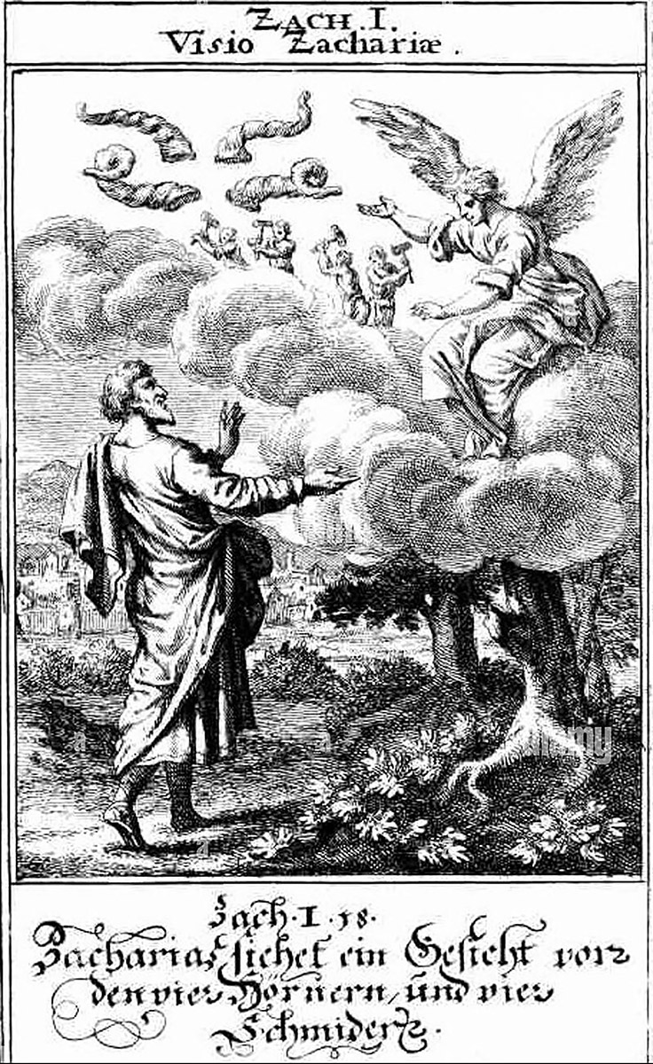 Christoph Weigel, Zechariah’s vision of the four horns and four craftsmen, 1695 (engraving)